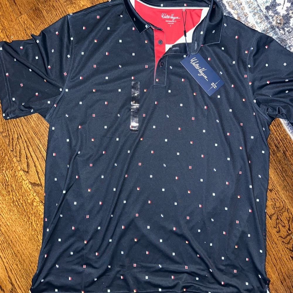 Walter Hagen Performance Polo Sailing Geo Navy Blue Moisture Wicking - NWT Large